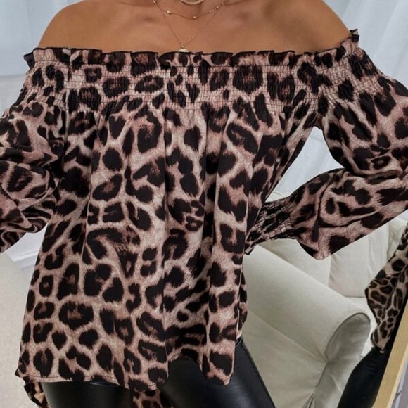 MODERN brown leopard print off shoulder high low b - Picture 2 of 4
